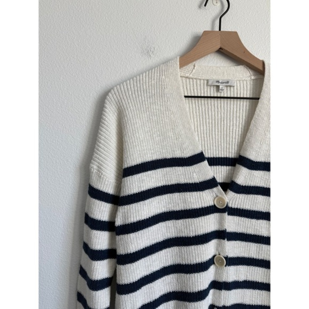 Madewell Ribbed‎ Cardigan Small White Navy Blue Nautical Striped Knit Sweater - Picture 3 of 8